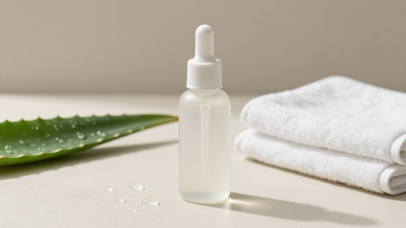 A glass bottle of water-based lubricant beside aloe leaves