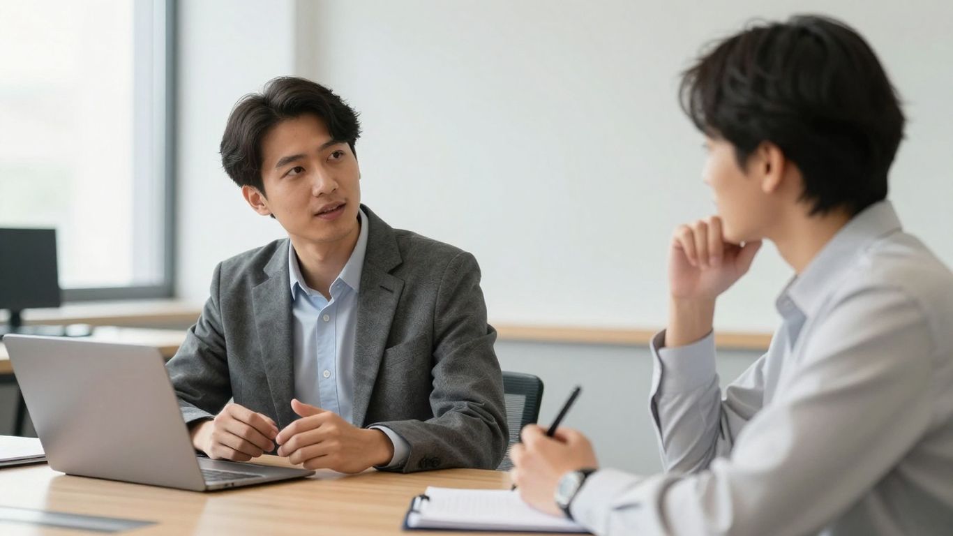 Interpreter listening carefully during workplace dialogue