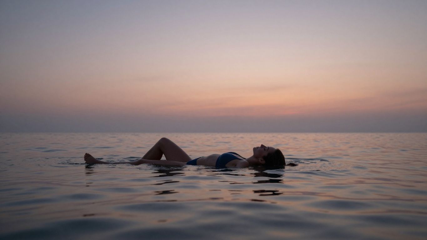 Person floating peacefully in calm water under a sunset sky.
