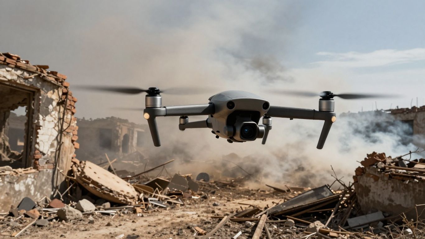 FPV drone flying over a war zone.