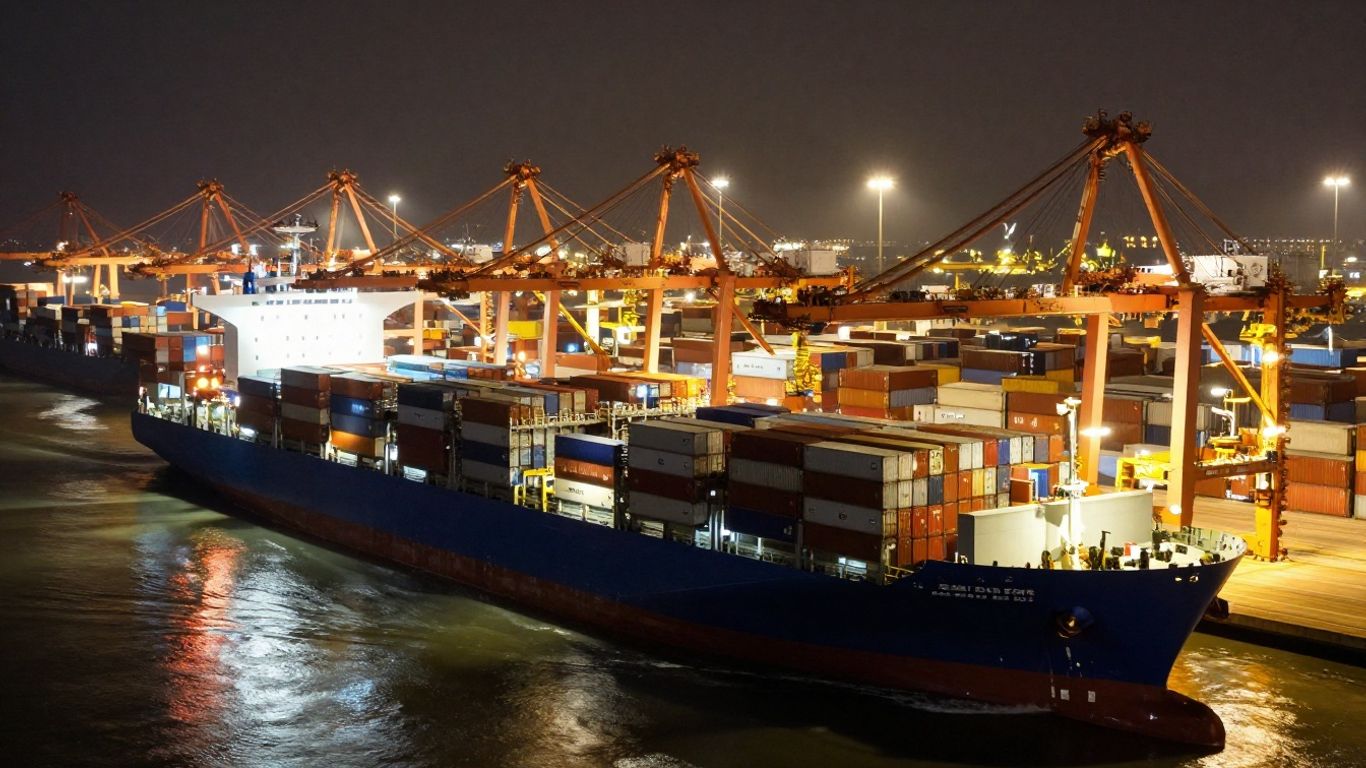 Global shipping vessels at night
