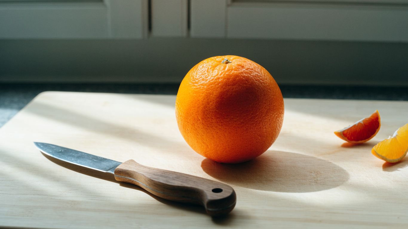 Orange standing on a pale maple cutting board