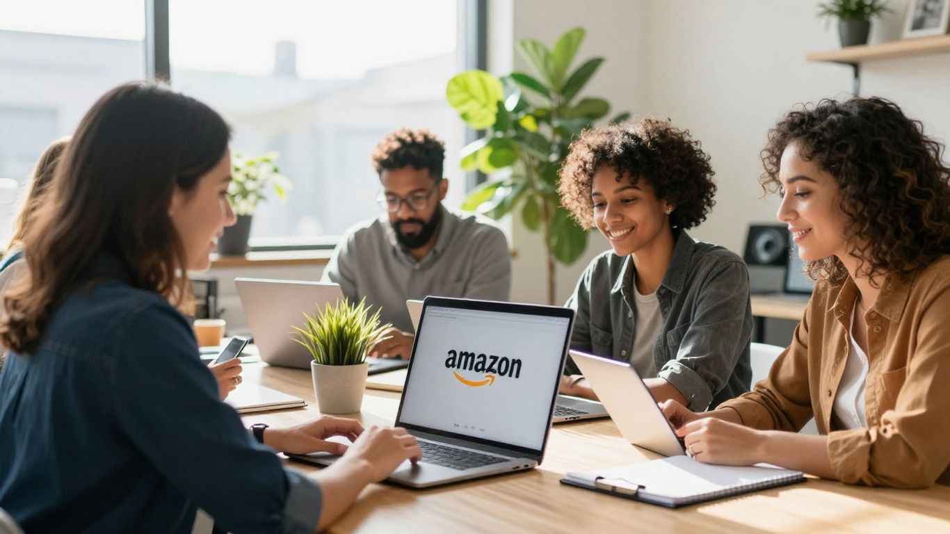 Top brands collaborating in a modern office with Amazon logo.