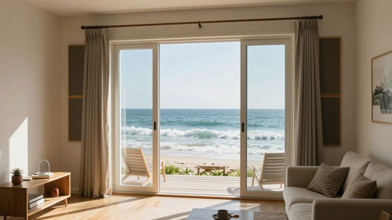 Coastal home interior with open window and ocean view.