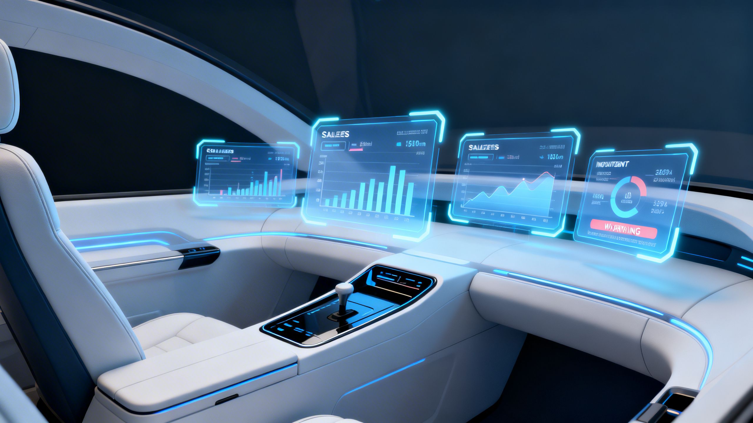 A futuristic co-pilot's cockpit with holographic displays showing clear, concise sales charts and inventory alerts, not cluttered data.