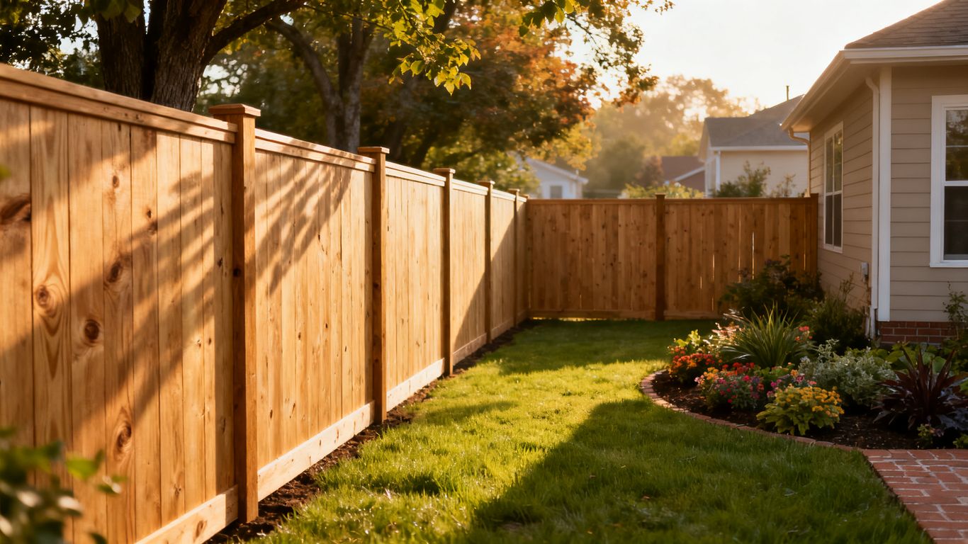 Wood fence beside a landscaped neighborhood home