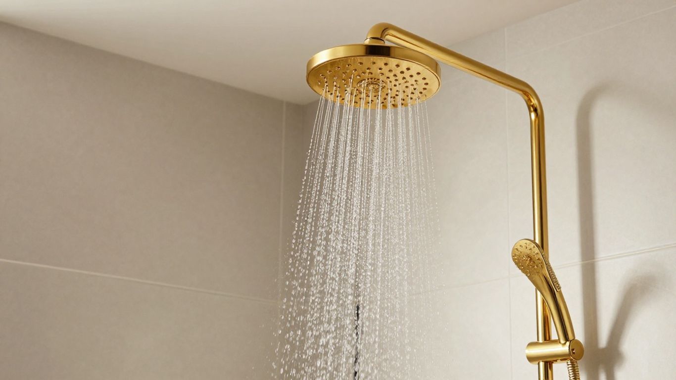 Luxurious gold rainfall shower in a modern bathroom.