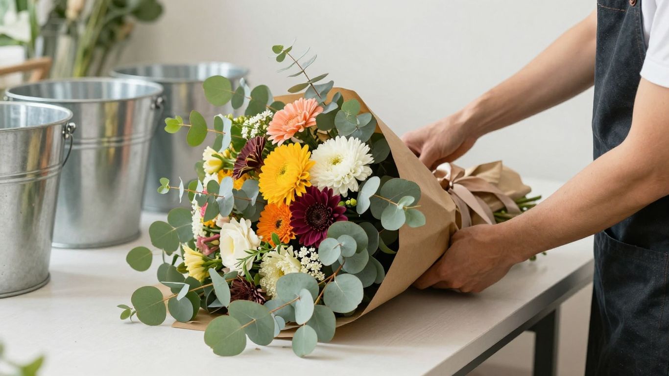 Florist preparing flowers for local delivery