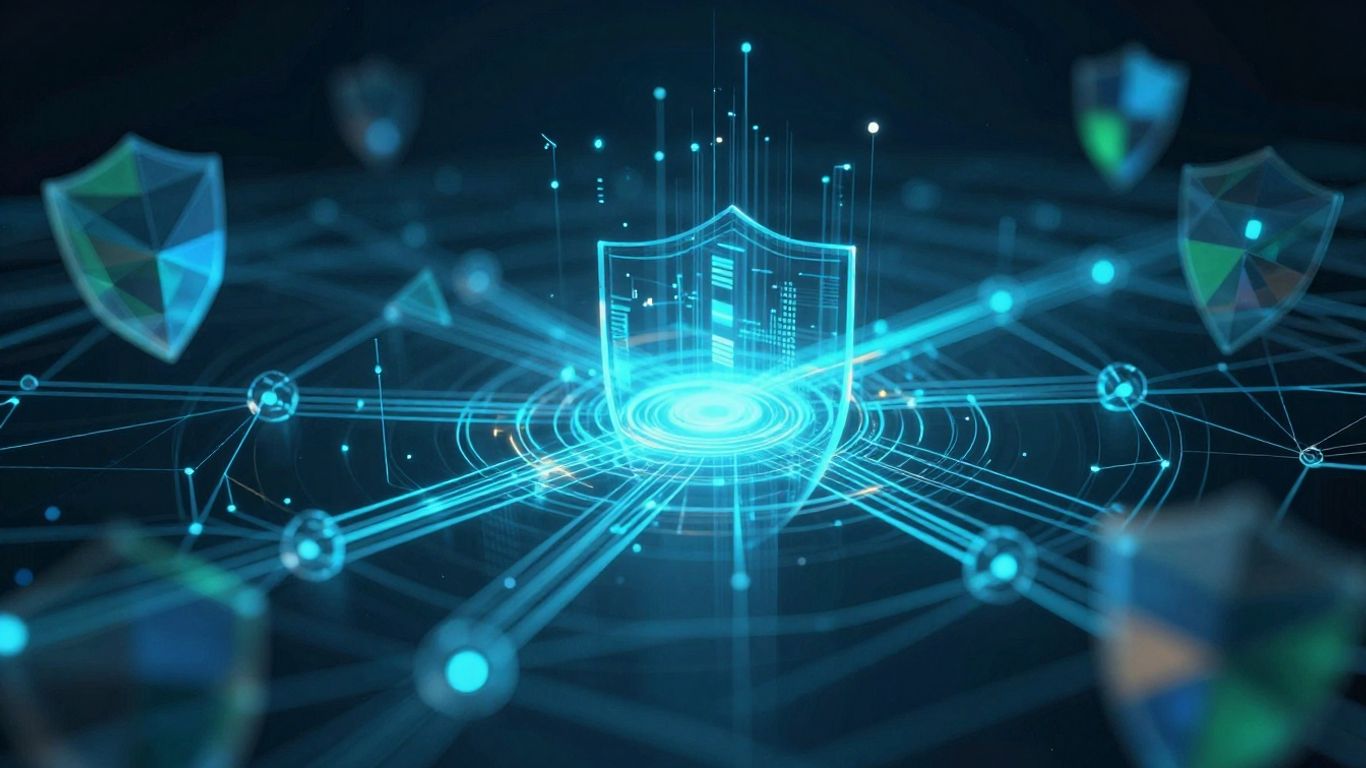 Abstract digital network with security shield elements.