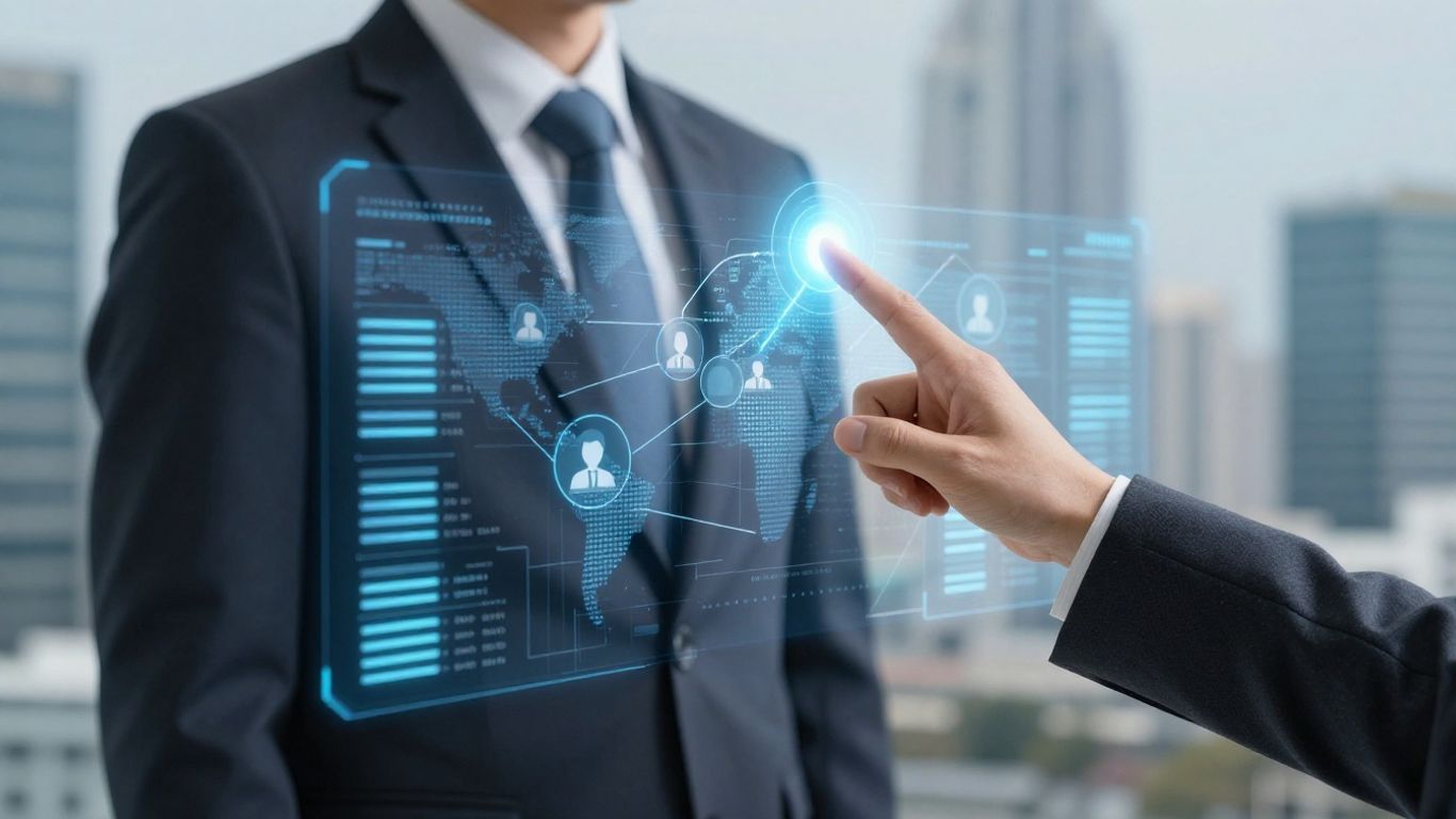 Professional pointing at CRM interface, career growth concept.