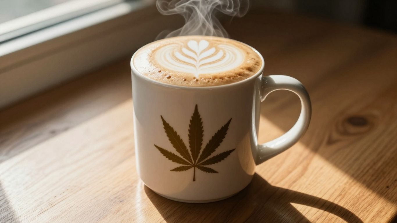 Steaming coffee mug with cannabis leaf foam art.