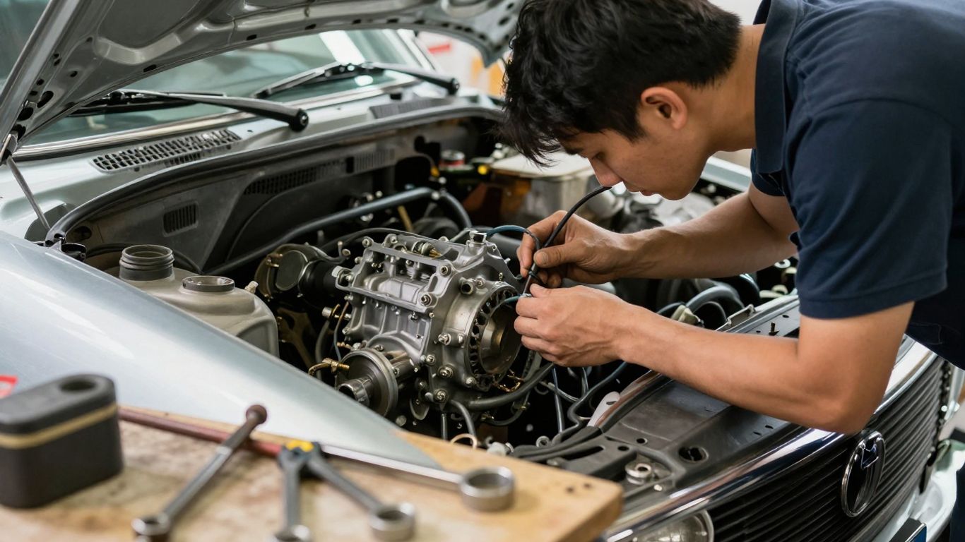 An engine bay with a transmission fluid dipstick