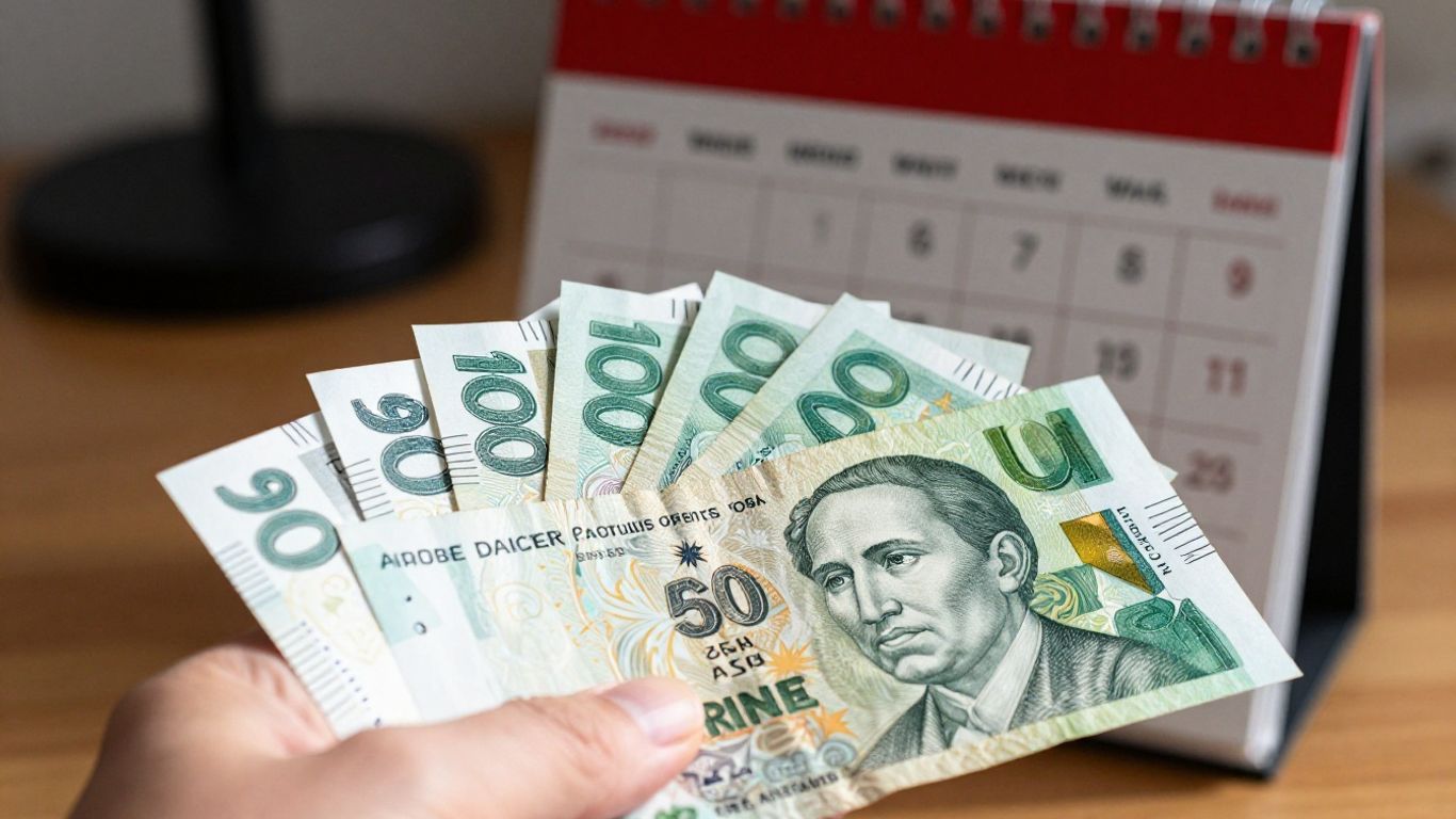 Ruka drží peníze, kalendář ukazuje prosinec.