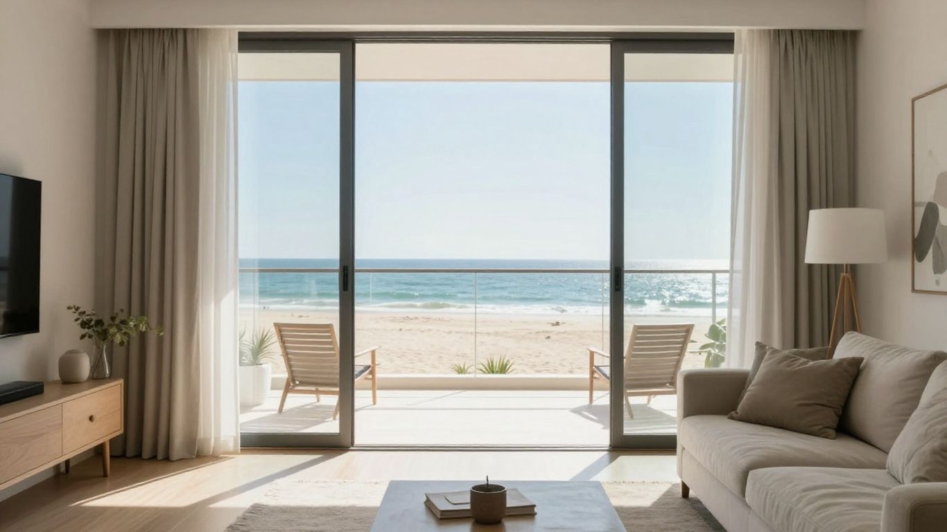 Modern coastal living room with balcony