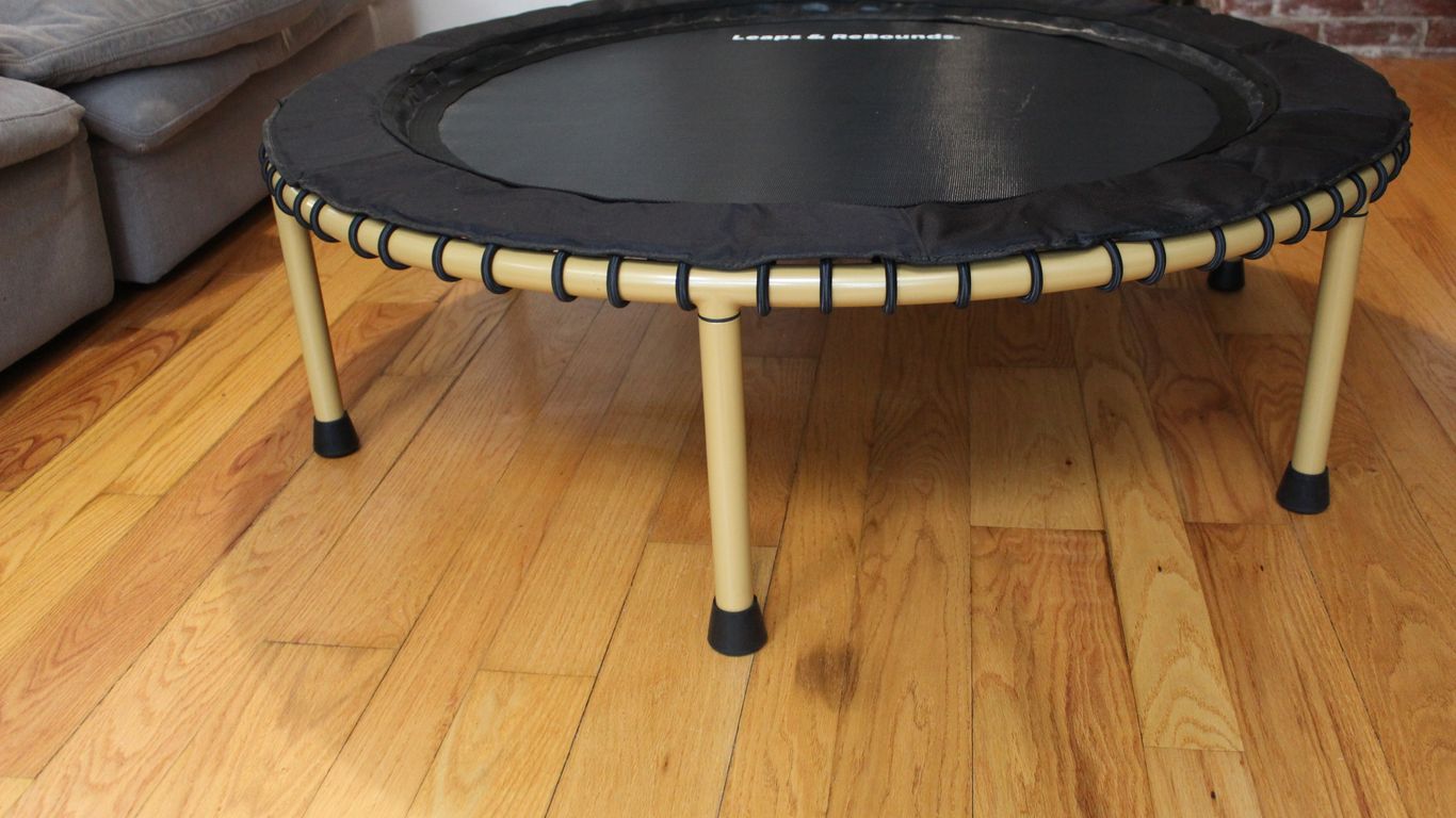 Small indoor trampoline on wooden floor near a couch.