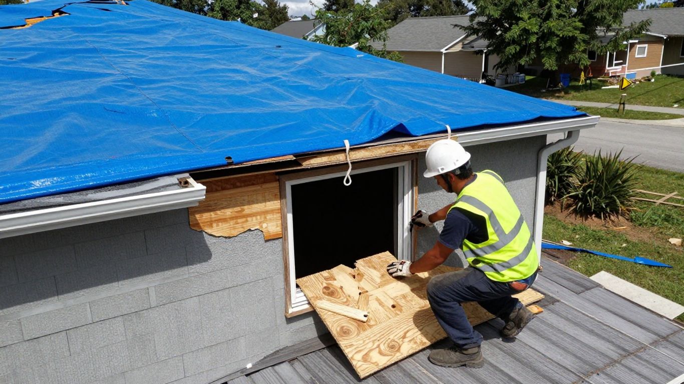 Storm damage repair: tarping roof and boarding up windows.