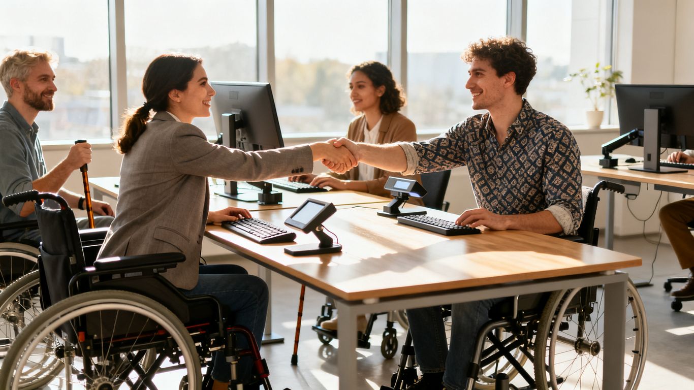 Diverse professionals collaborating in a modern, accessible office.