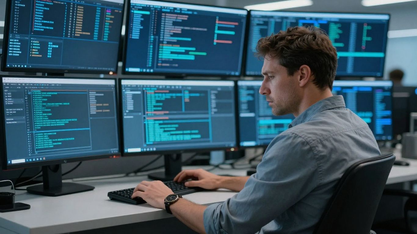 IT professional in front of monitors, calmer atmosphere