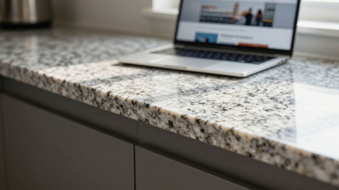 Modern kitchen countertop with website on laptop.