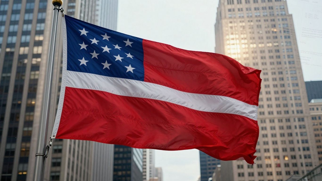 New York State flag and skyline with financial elements.