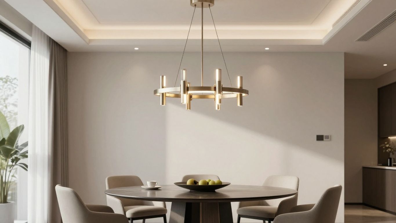 Modern dining room with a stylish chandelier.