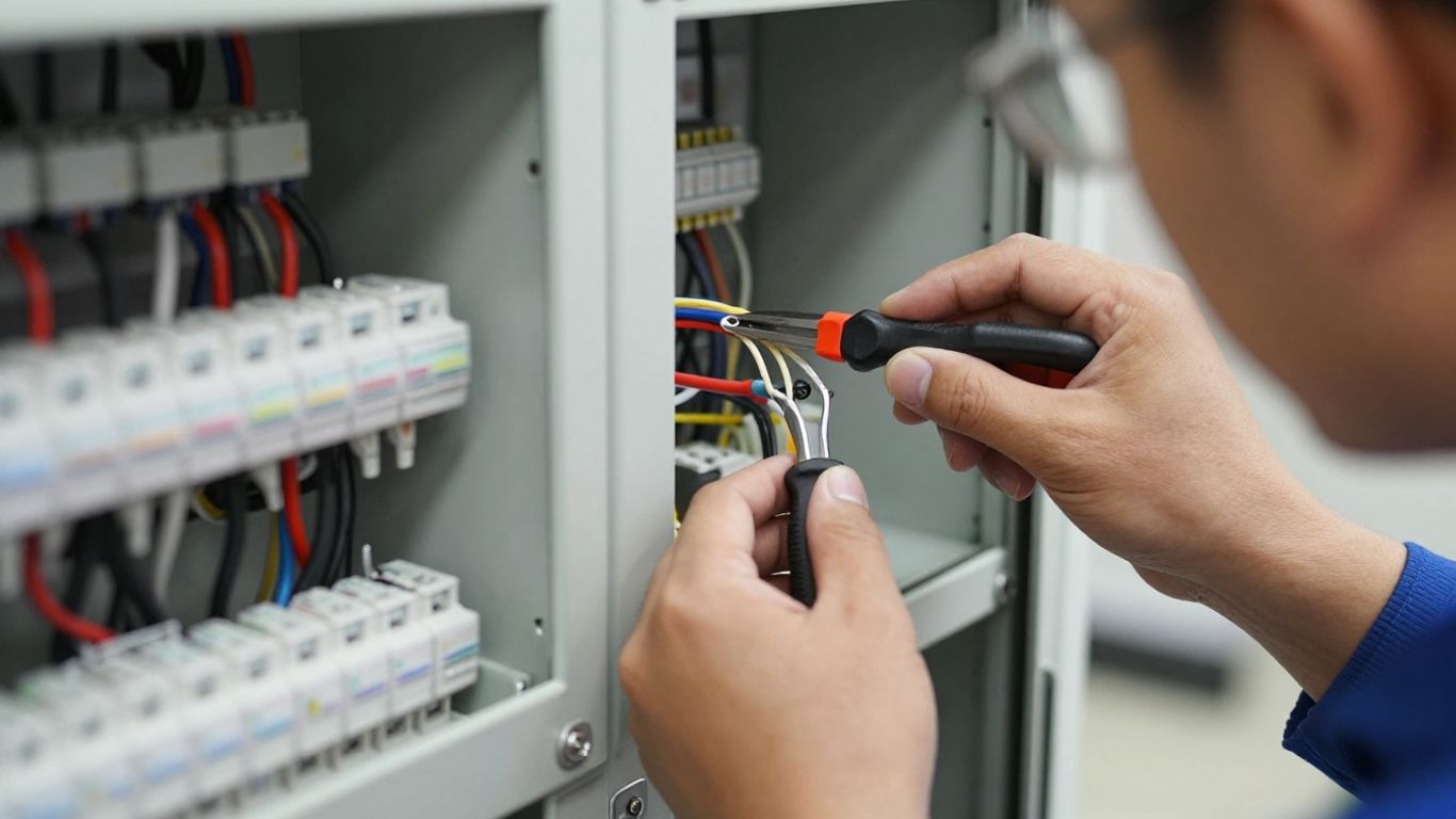 Technician inspecting electrical panel wiring for business.