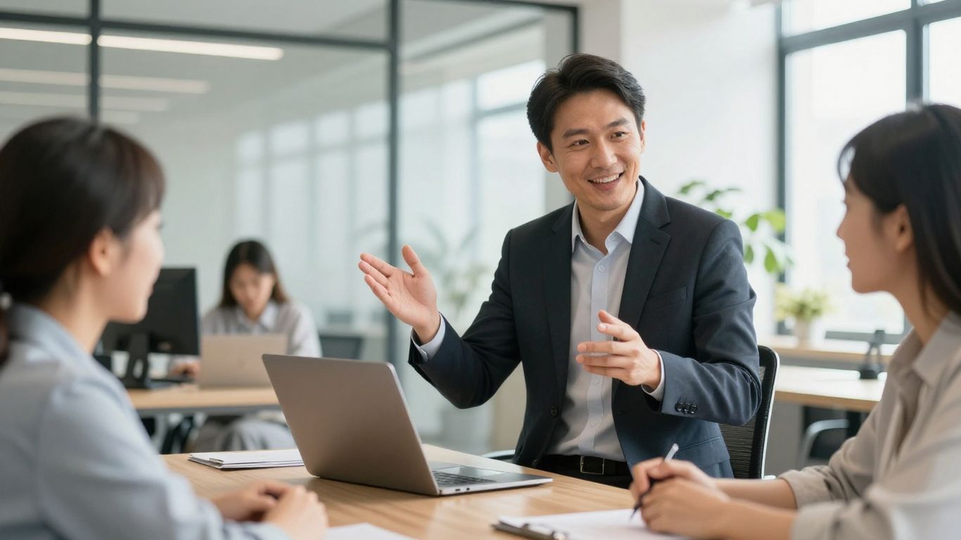 Manager communiquant efficacement avec son équipe au bureau.