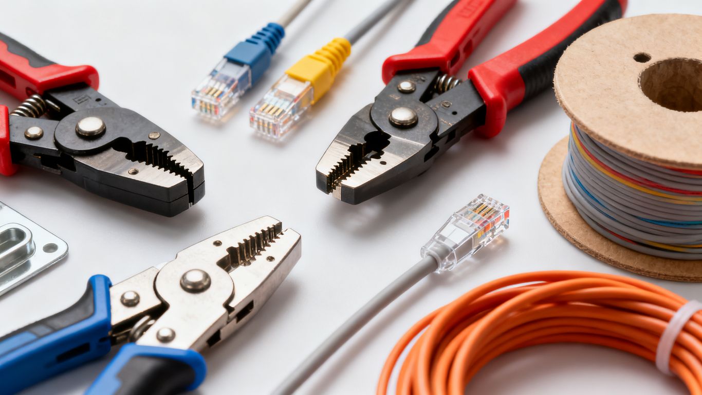 Network cabling tools: crimpers, strippers, punch-down tool, cables.