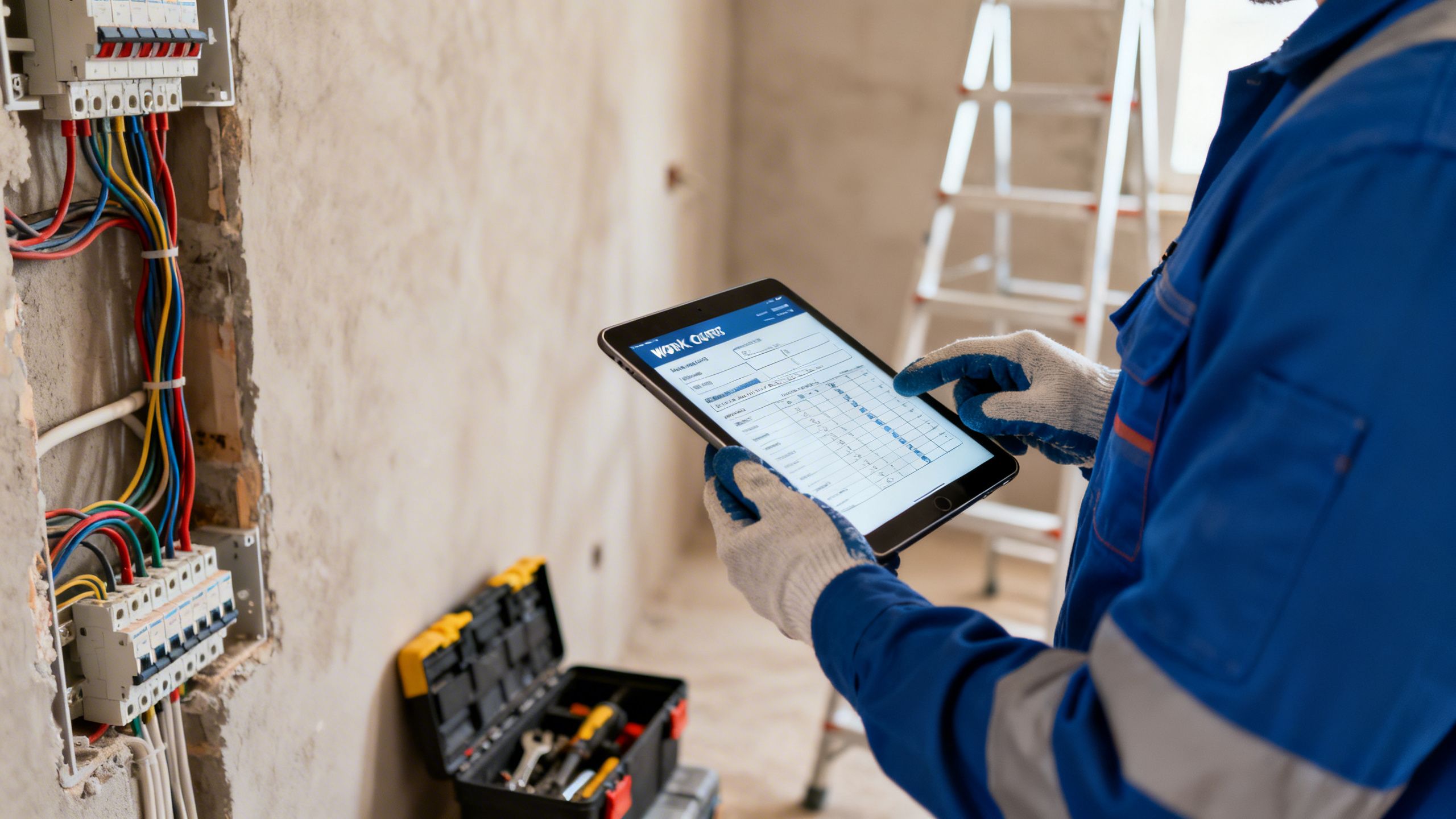 An electrician reviewing a digital work order on a tablet at a job site