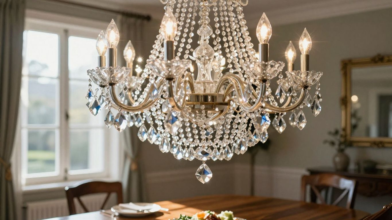 Elegant crystal chandelier illuminating a dining room.