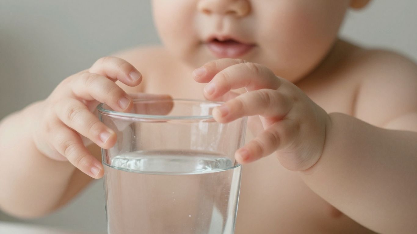 Manos de bebé alcanzando un vaso de agua.