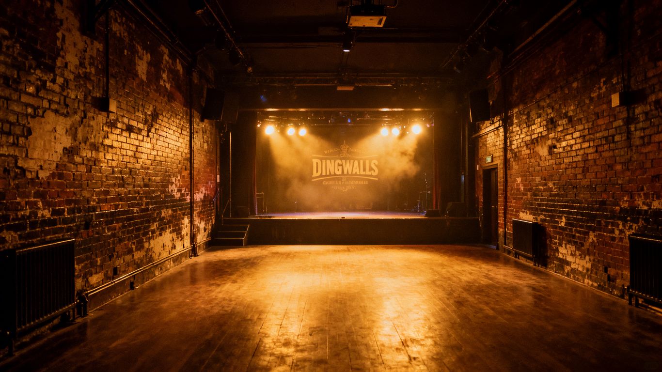 Interior of Dingwalls Camden music venue with stage lights.