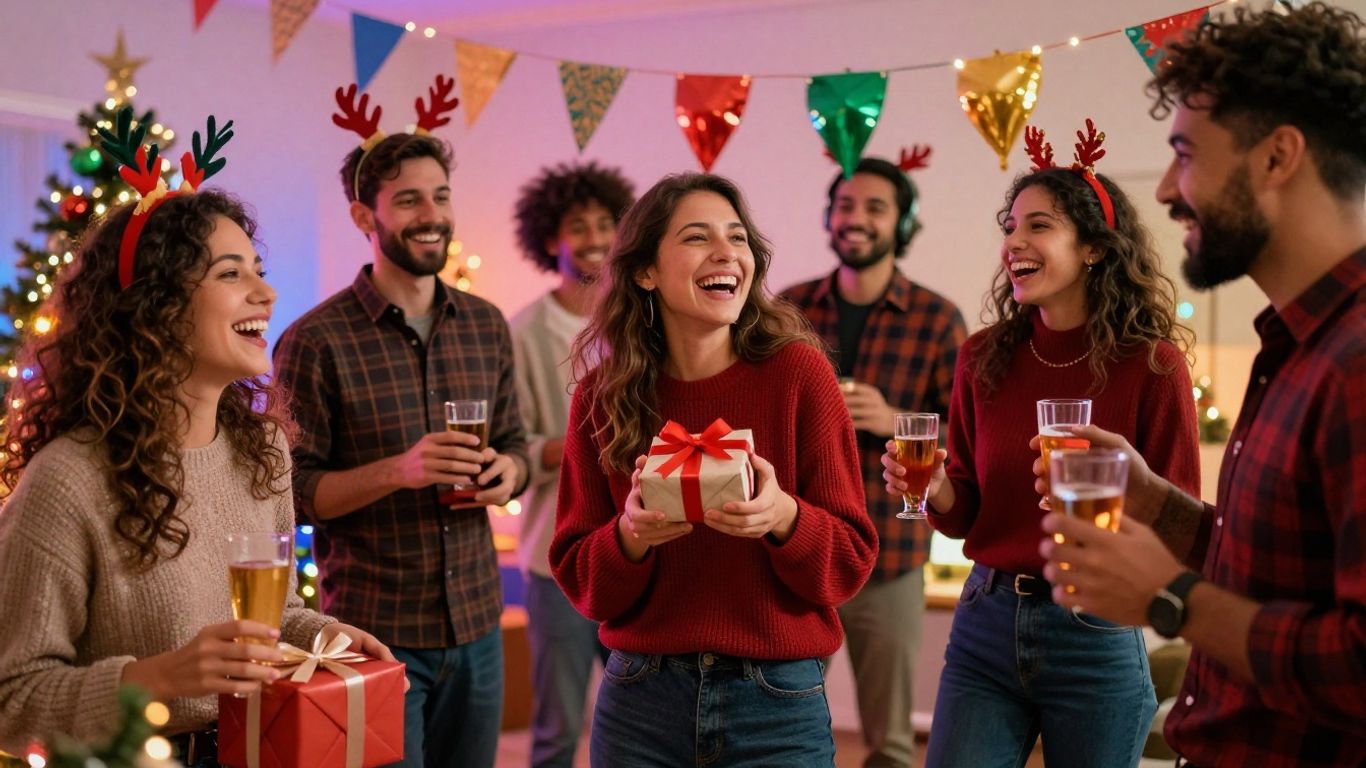 Festive work Christmas party with happy people and decorations.