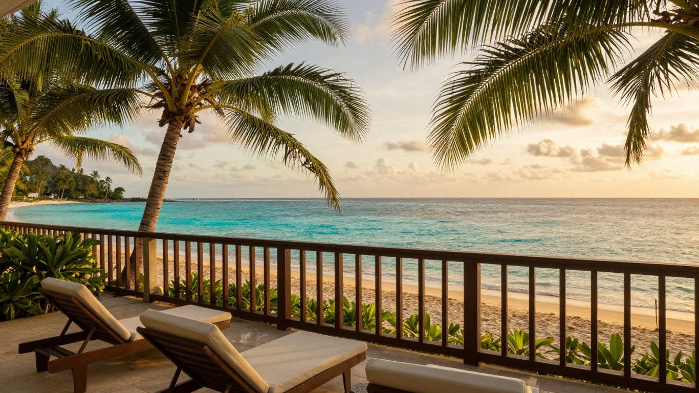 Hotel balcony with ocean view at sunset