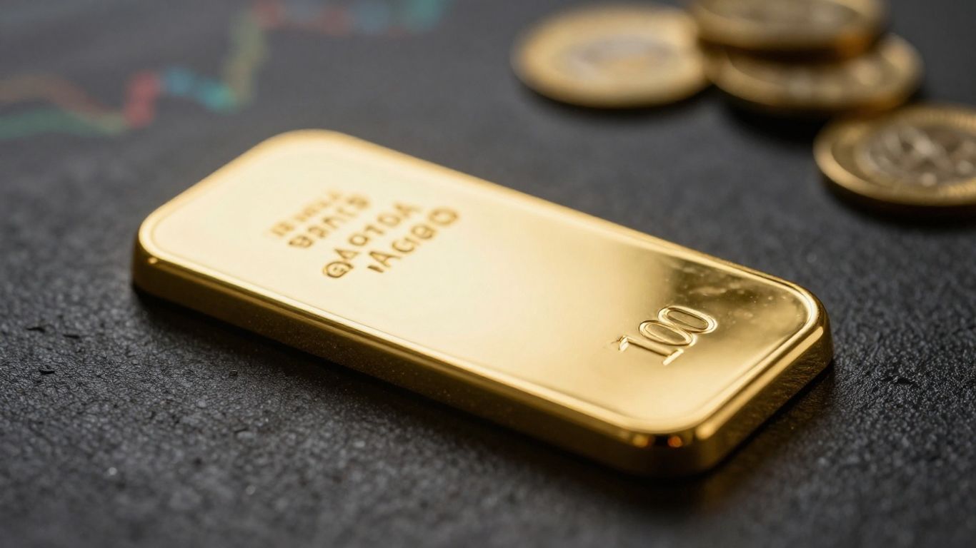 Gold bar on dark surface, financial market background.
