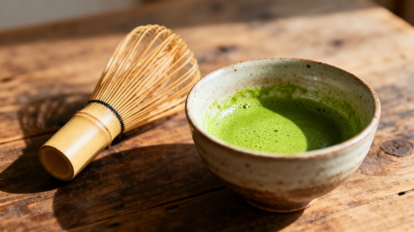 A wooden whisk and bowl for preparing matcha