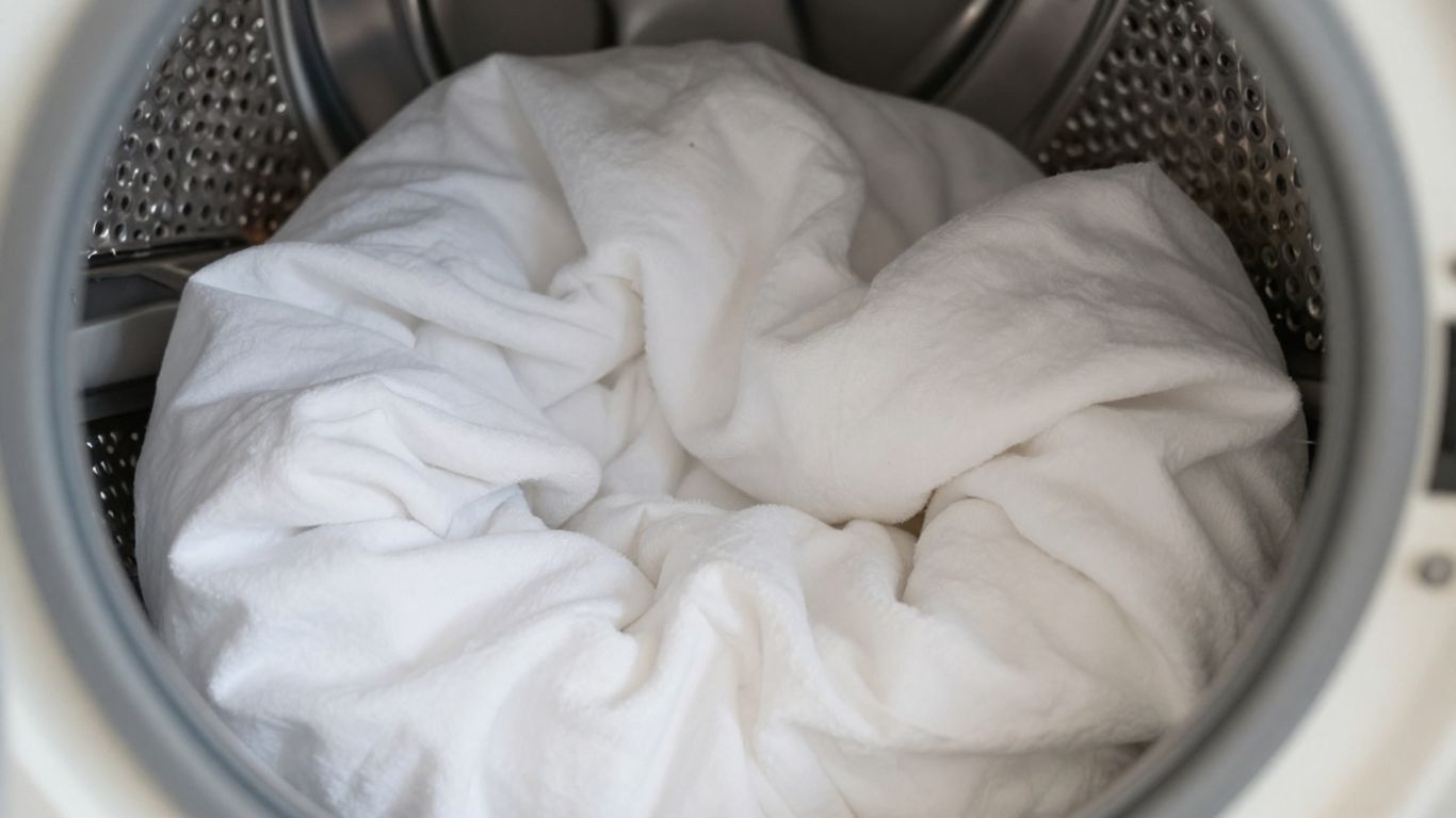 Fluffy Brooklinen comforter being placed in washing machine.