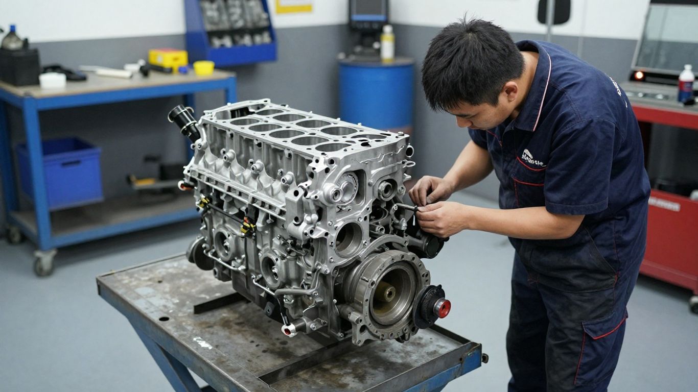 Mechanic inspecting a used automotive engine block