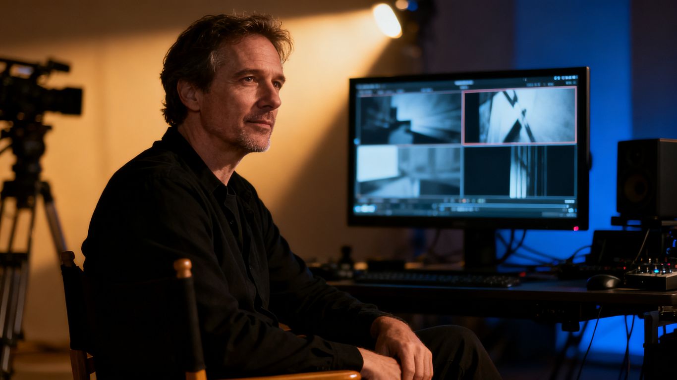 A private studio desk with cinematic adult video frames