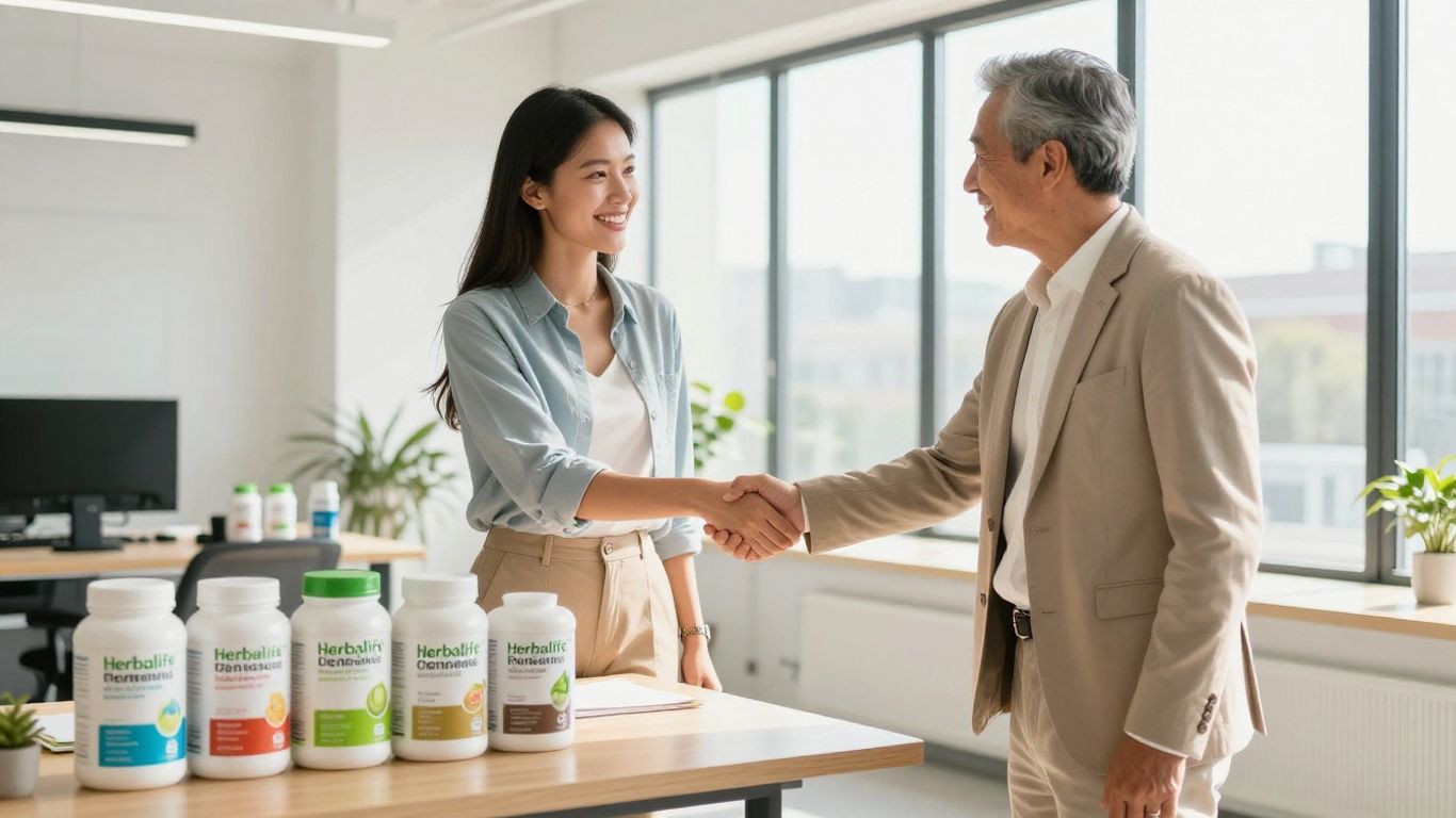 Entrepreneur meeting mentor with Herbalife products visible