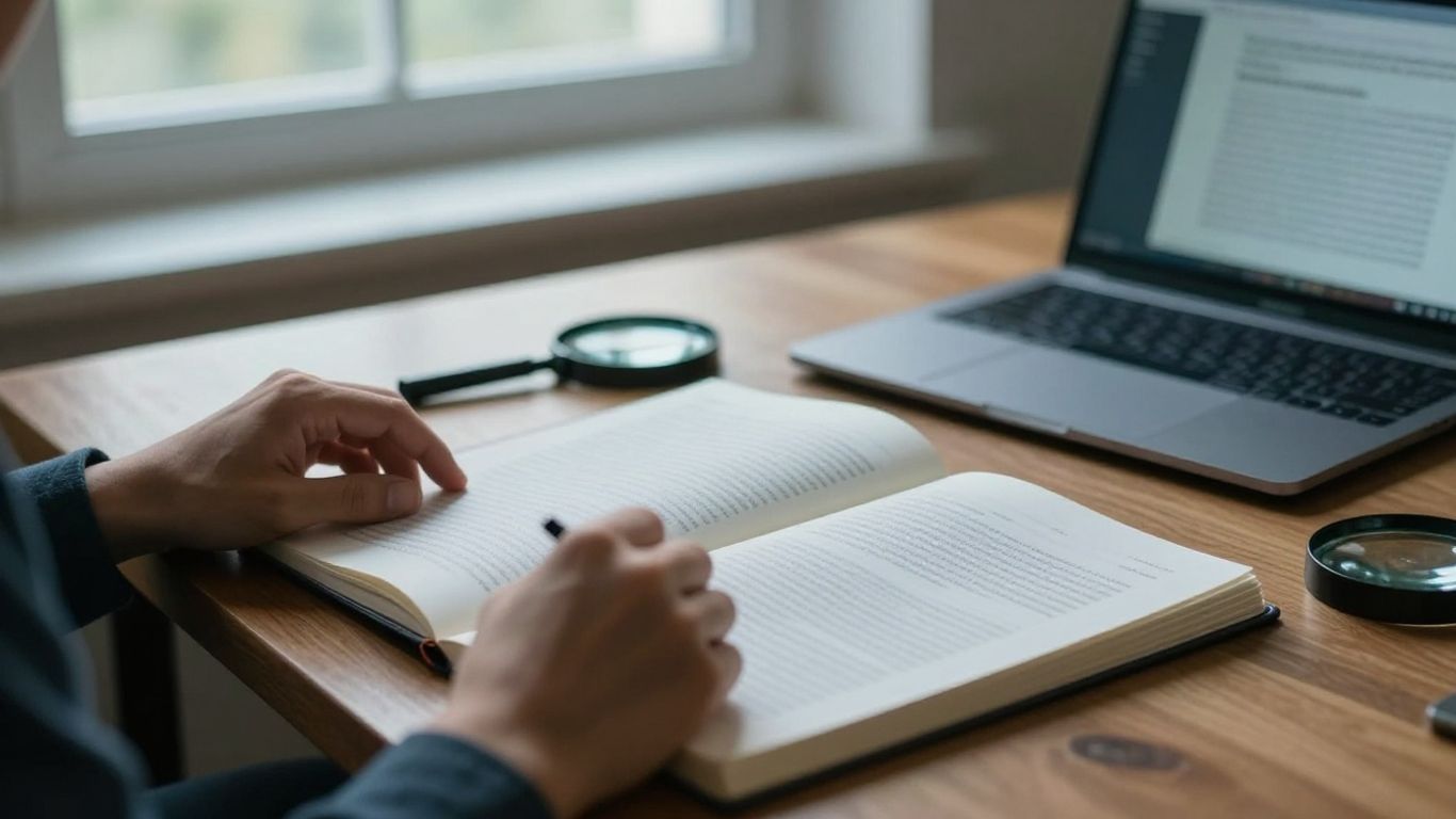 Reader examining a claim beside source notes