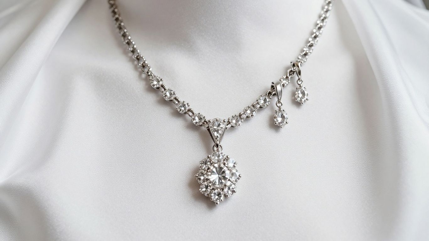 Sparkling diamond bridal necklace set on satin fabric.