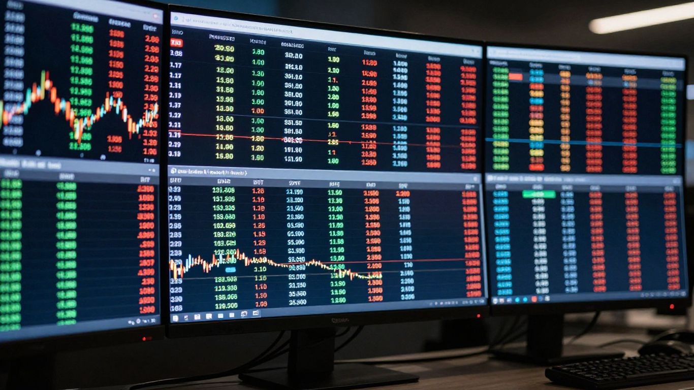 MetaTrader 5 trading platform interface with abstract financial data.