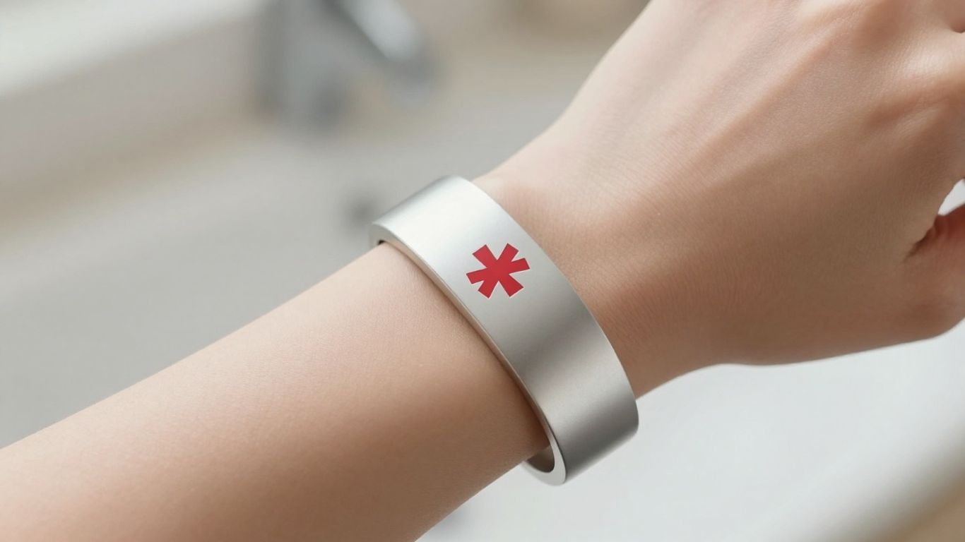 Medical alert bracelet on a woman's wrist.