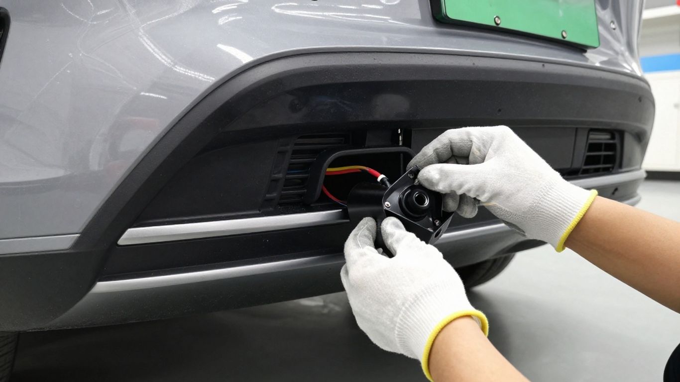Technician fitting tow hitch beneath Model 3