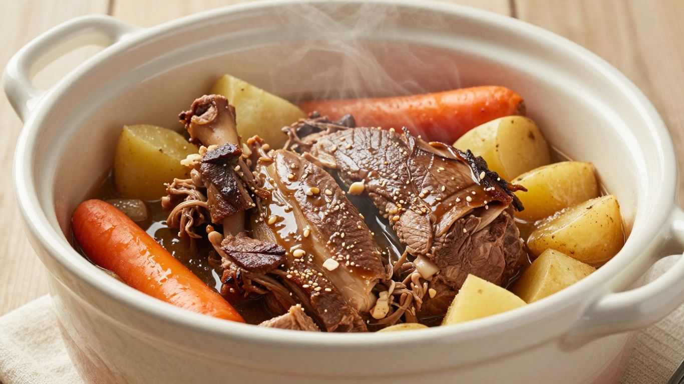 Tender venison roast with vegetables in a slow cooker.