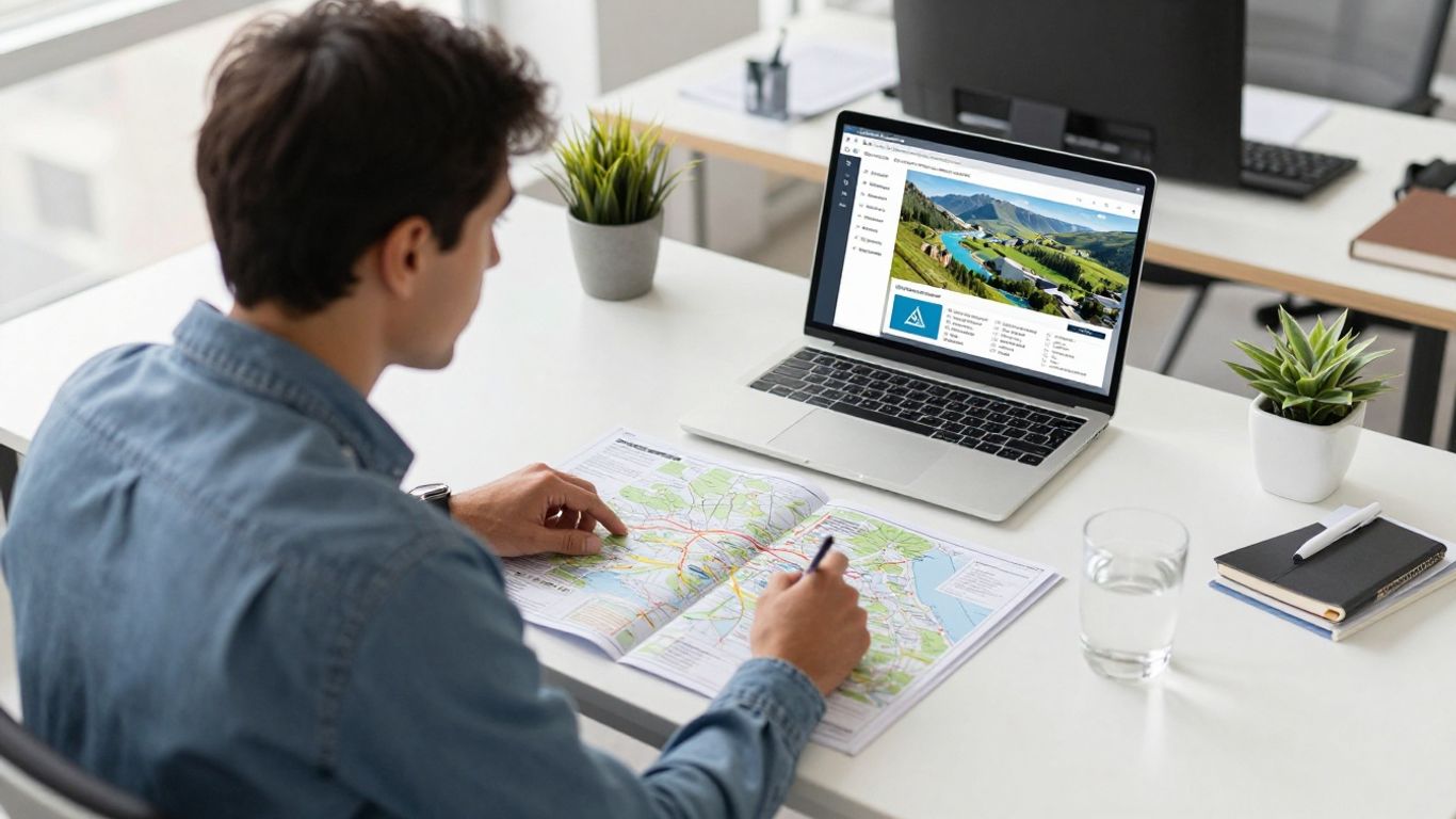 Professional travel guide discussing map routes