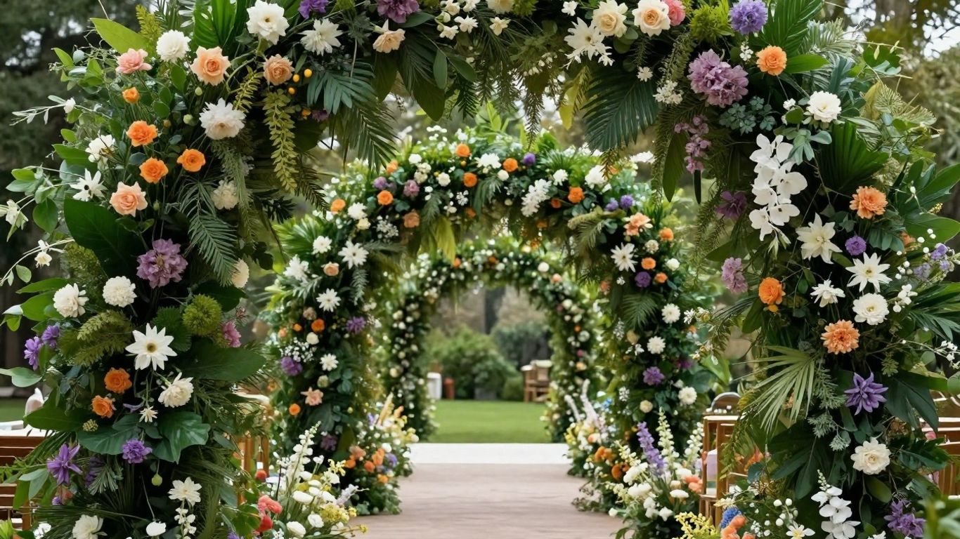 Grand floral installation at a wedding venue.