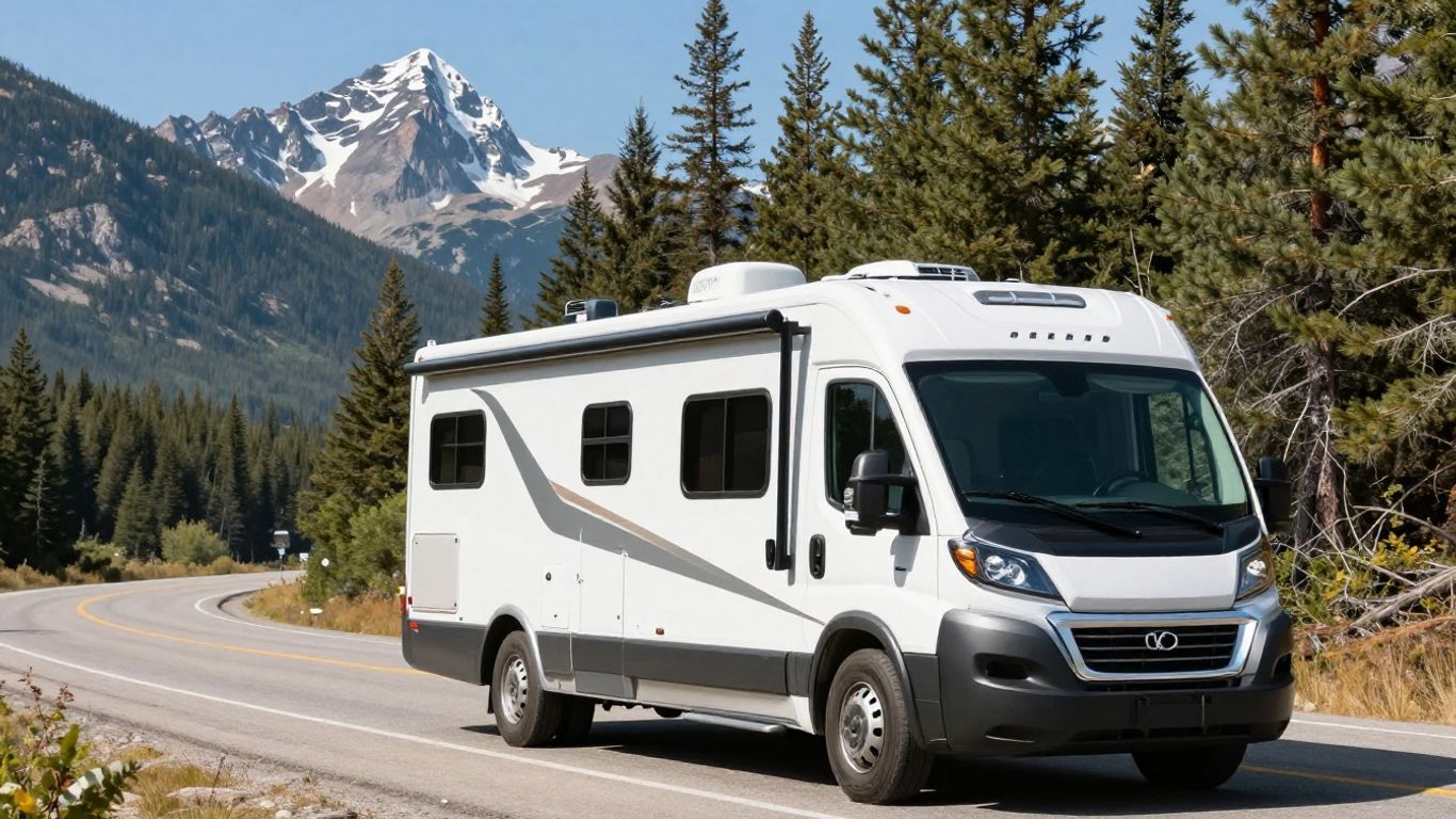 RV driving on scenic Canadian highway with mountains.