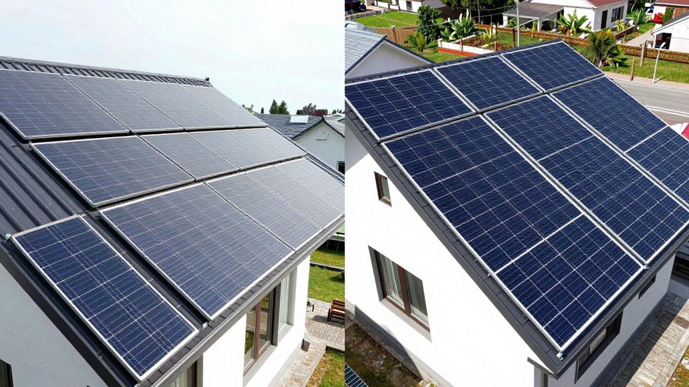 Tuiles solaires et panneaux solaires traditionnels sur des toits.